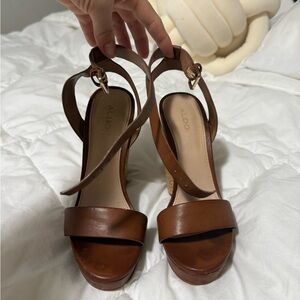 ALDO Brown Leather T-Strap Wedge Sandals